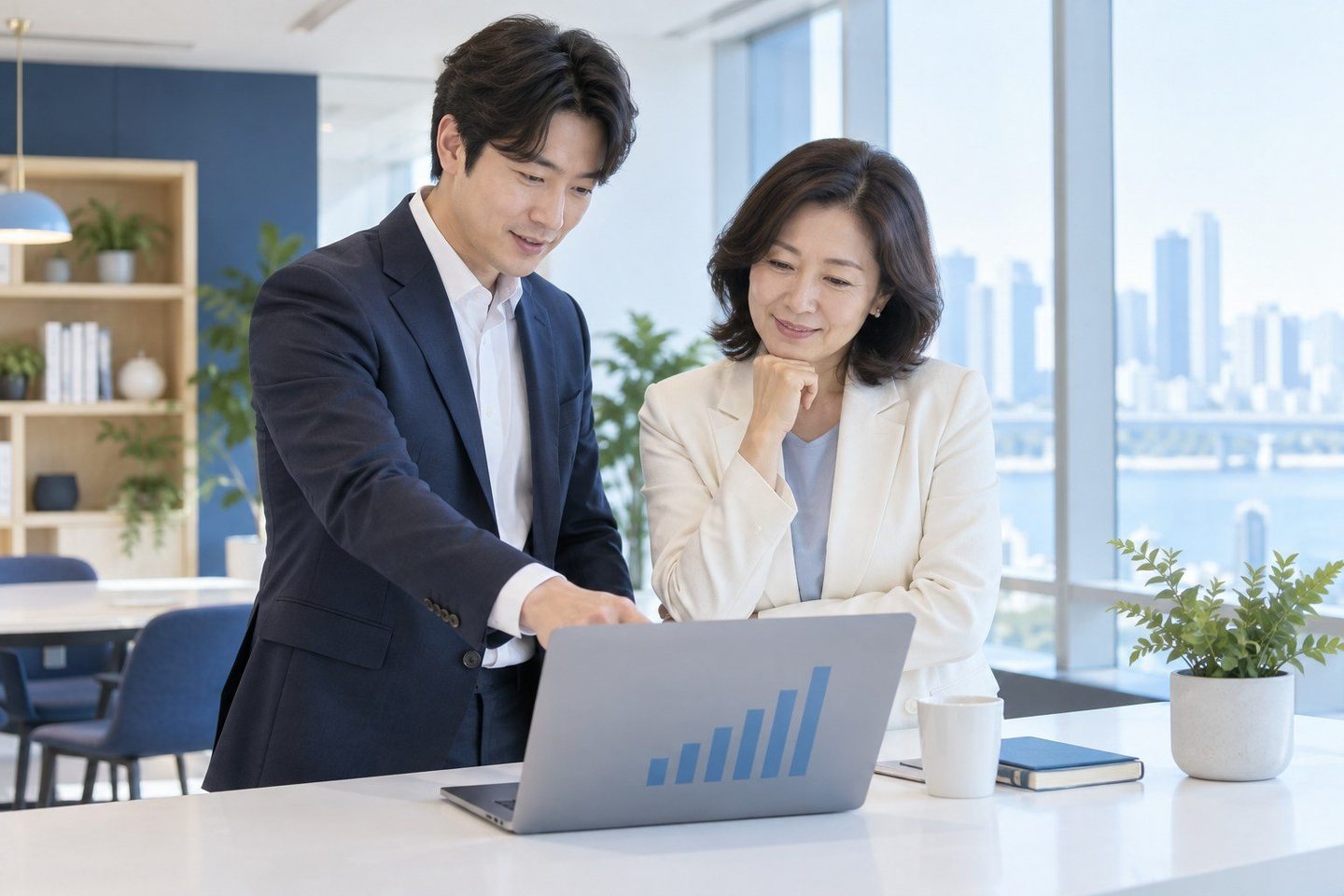 노트북 화면을 가리키며 계약을 설명하는 두 사람 — 쇼핑몰 PG 정산 내역정산 내역, 줄마다 무슨 뜻인지 아시나요? 연락 주시면 화면을 같이 보며 읽어 드립니다.